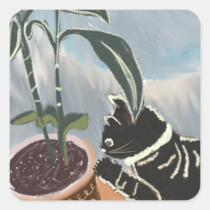 Tabby Cat Watching House Plants  Square Sticker