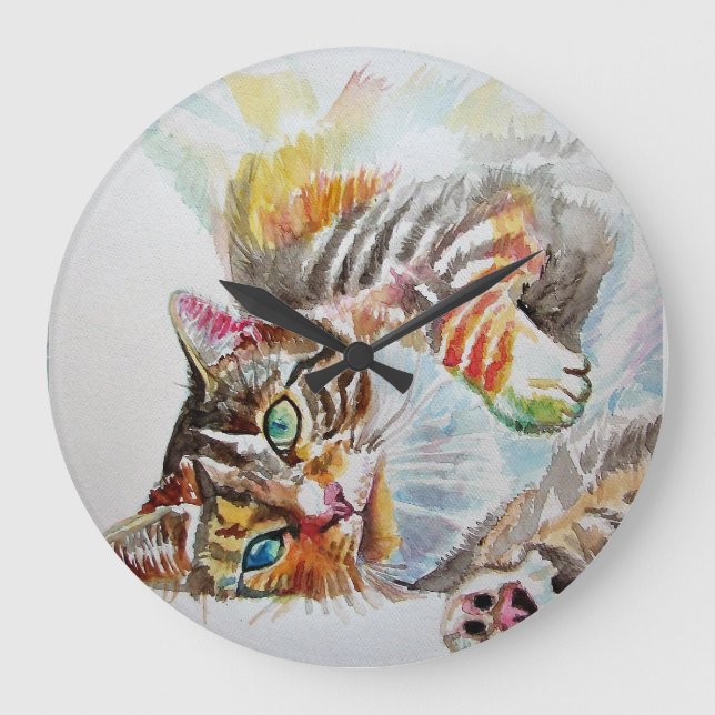 Tabby Cat Watercolor Painting Art Wall Clock (Front)