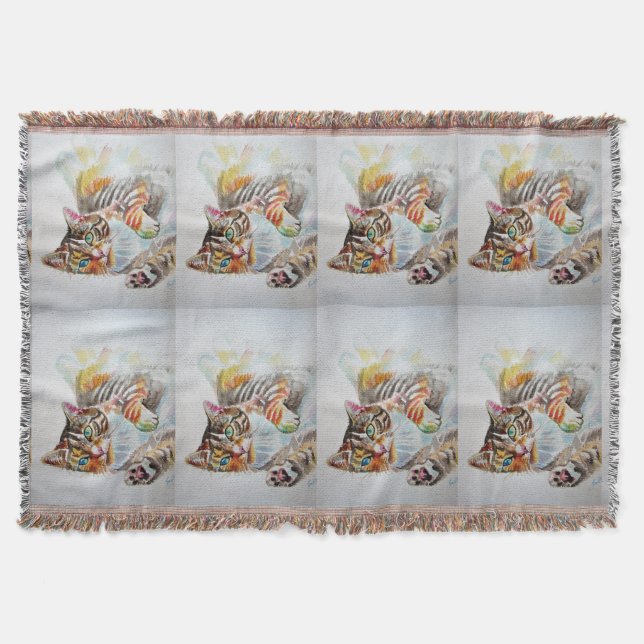 Tabby Cat Watercolour Cats Art Pet Throw Rug (Front)