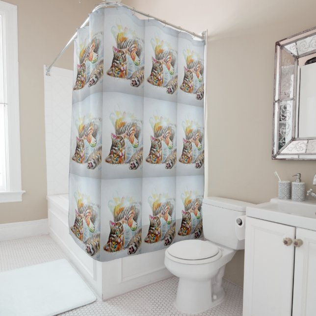 Tabby Cat Watercolour Cute Cats Art Shower Curtain (In Situ)