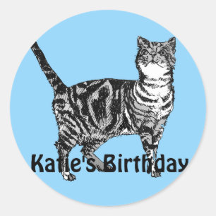 Tabby Cat Whimsical Blue Girls Birthday Sticker