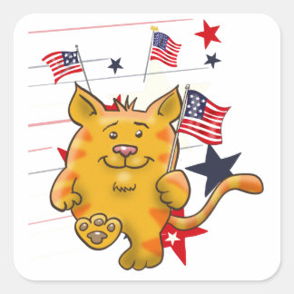 Tabby Cat with American Flag Square Sticker