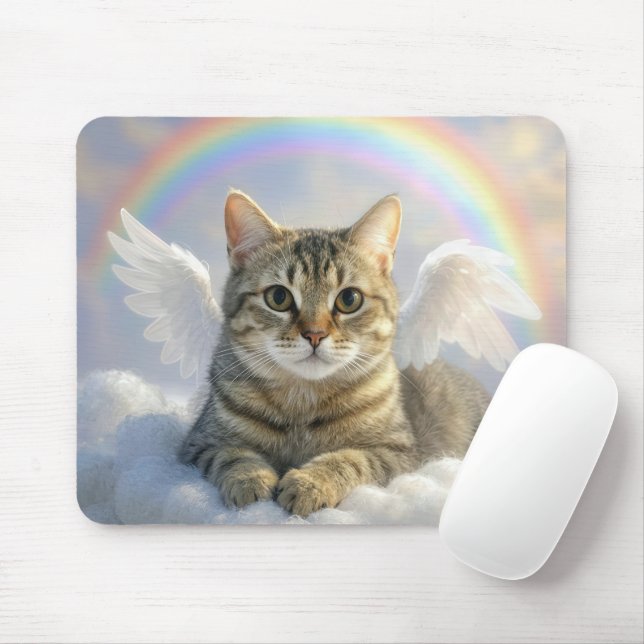 Tabby Cat With Angel Wings and Rainbow Mouse Mat (With Mouse)