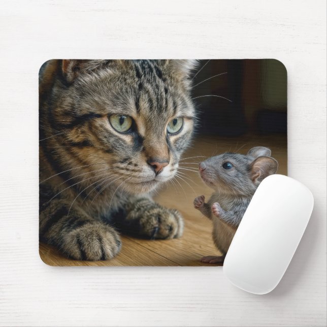 Tabby Cat With Brave Mouse Mat (With Mouse)
