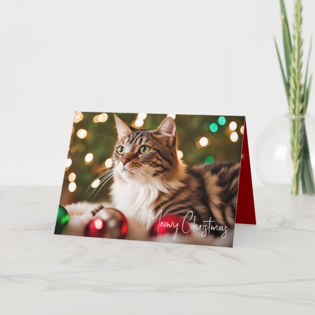 Tabby Cat With Christmas Ornaments Holiday Card (Front)