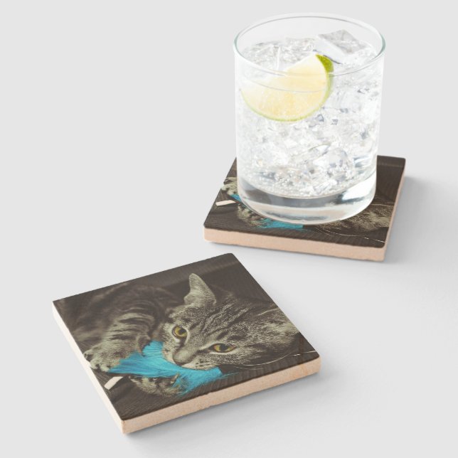Tabby Cat with Feather by Shirley Taylor Stone Coaster (Side)