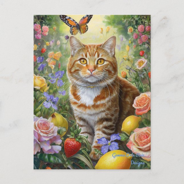Tabby cat with flowers postcard (Front)