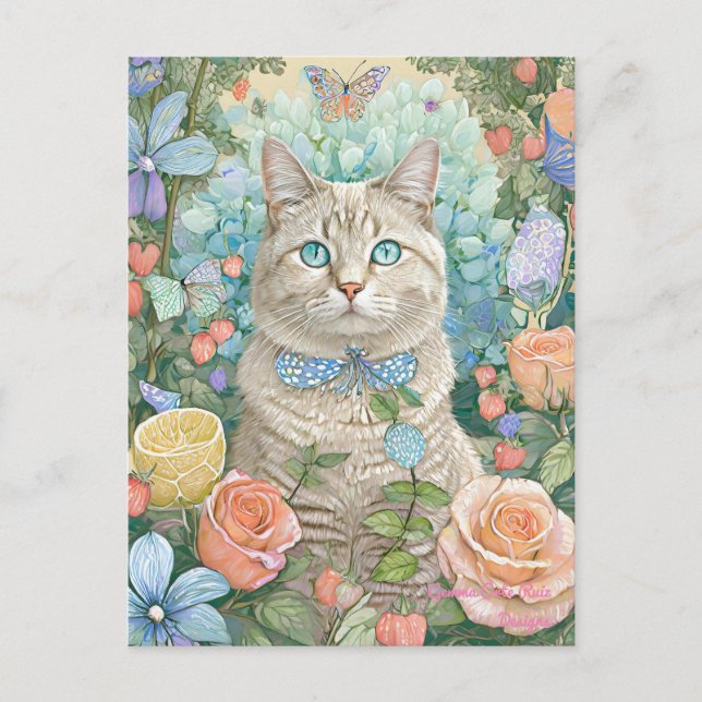 Tabby cat with flowers postcard (Front)
