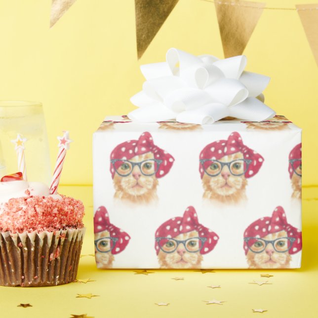 tabby cat with glasses wrapping paper (Birthday Party)