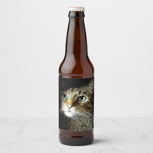 Tabby Cat With Green Eyes Isolated On Black Beer Bottle Label (Front)