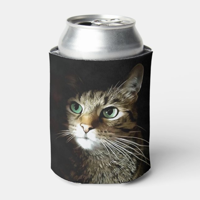 Tabby Cat With Green Eyes Isolated On Black Can Cooler (Can Front)