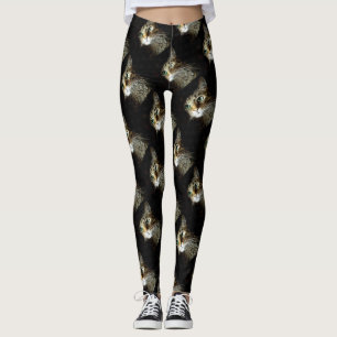 Tabby Cat With Green Eyes Isolated On Black Leggings