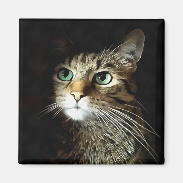 Tabby Cat With Green Eyes Isolated On Black Magnet (Front)