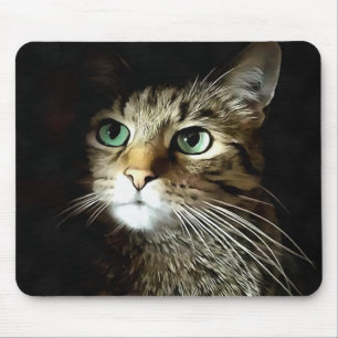 Tabby Cat With Green Eyes Isolated On Black Mouse Mat