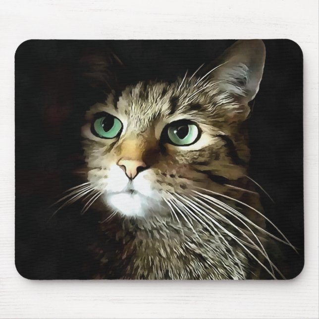 Tabby Cat With Green Eyes Isolated On Black Mouse Mat (Front)