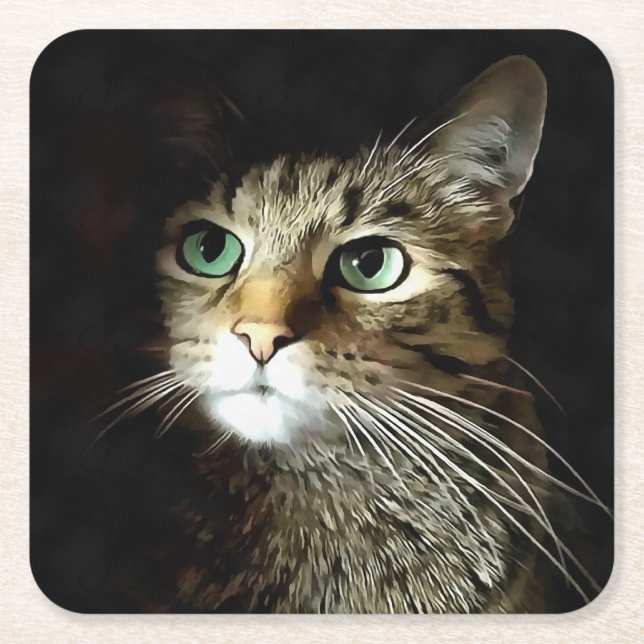 Tabby Cat With Green Eyes Isolated On Black Square Paper Coaster (Front)