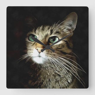 Tabby Cat With Green Eyes Isolated On Black Square Wall Clock