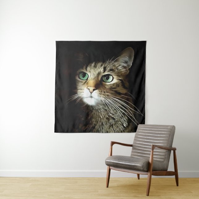 Tabby Cat With Green Eyes Isolated On Black Tapestry (In Situ)