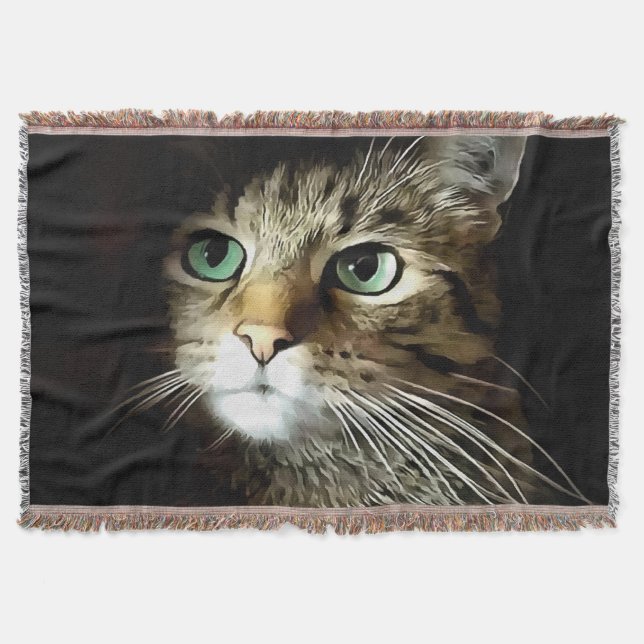 Tabby Cat With Green Eyes Isolated On Black Throw Blanket (Front)