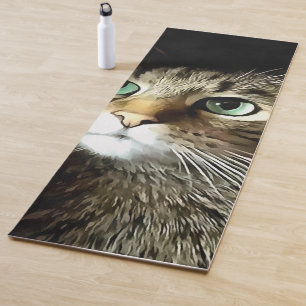 Tabby Cat With Green Eyes Isolated On Black Yoga Mat