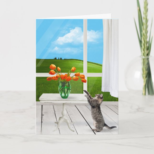 Tabby Cat with Orange Tulip Bouquet Card (Front)