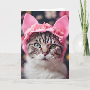 Tabby Cat with Pink Ears Hat Card