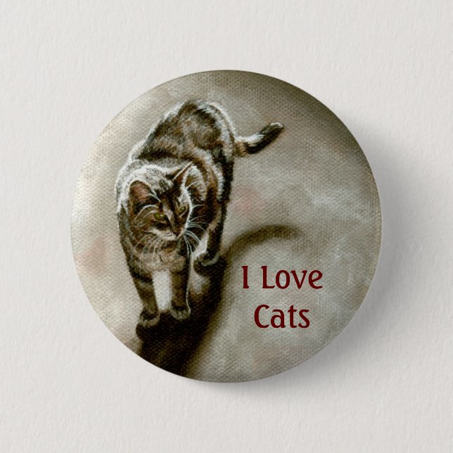 Tabby Cat with shadow, I Love Cats 6 Cm Round Badge (Front)