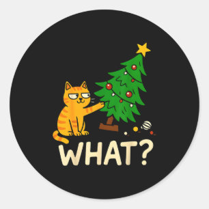 Tabby Cat Xmas Cat Pushing Christmas Tree Over Cat Classic Round Sticker