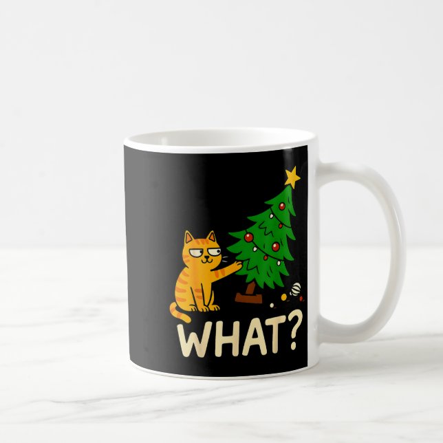 Tabby Cat Xmas Cat Pushing Christmas Tree Over Cat Coffee Mug (Right)