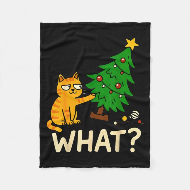 Tabby Cat Xmas Cat Pushing Christmas Tree Over Cat Fleece Blanket (Front)