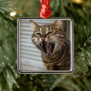 Tabby Cat Yawning Artistic Portrait Metal Tree Decoration