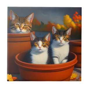 Tabby Cats In Pots Oil Paint, Tile