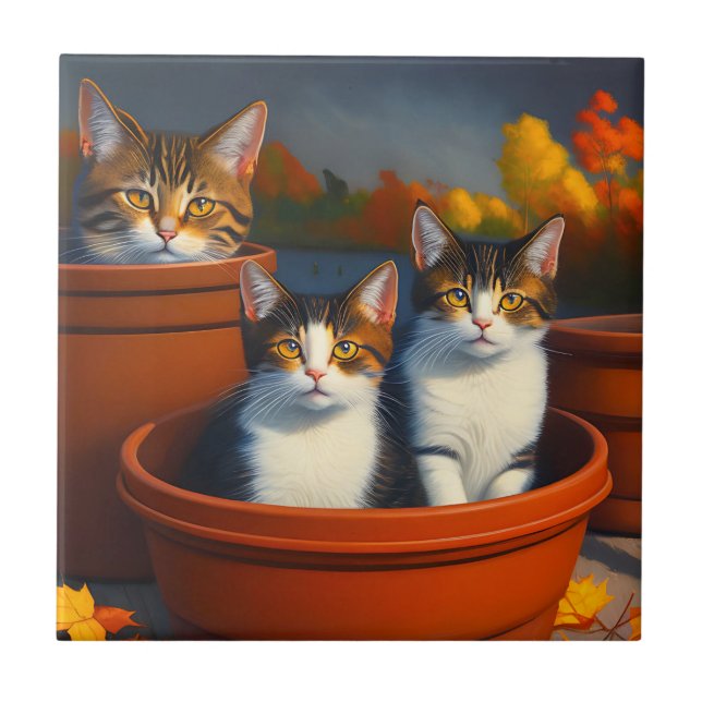 Tabby Cats In Pots Oil Paint, Tile (Front)