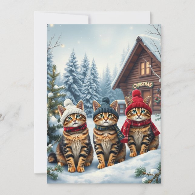 Tabby Cats in Preppy Winter Attire and Hat Winter Holiday Card (Front)