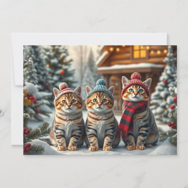 Tabby Cats in Preppy Winter Attire and Hat Winter Holiday Card (Front)