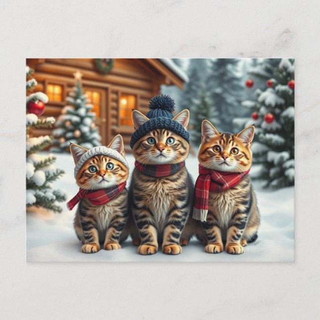 Tabby Cats in Preppy Winter Attire and Hat Winter Holiday Postcard (Front)