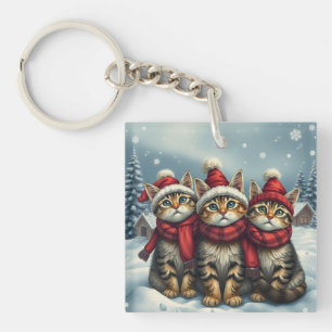Tabby Cats in Preppy Winter Attire and Hat Winter Key Ring