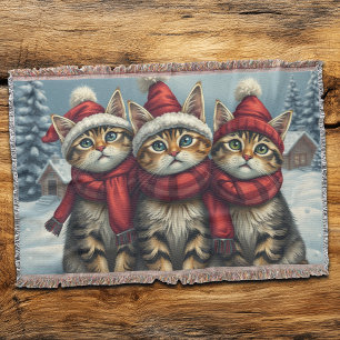 Tabby Cats in Preppy Winter Attire and Hat Winter Throw Blanket