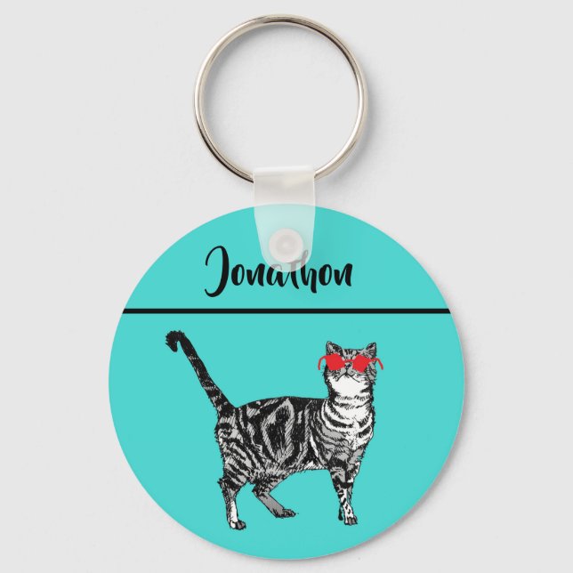 Tabby Cats 'One Cool Cat' Aqua Boys Mens Key Ring (Front)