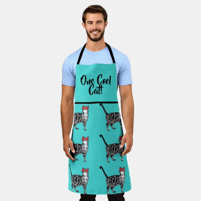 Tabby Cats 'One Cool Cat' Aqua Mens pet Apron (Worn)