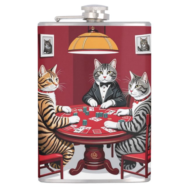 Tabby Cats Playing Poker Hip Flask (Front)