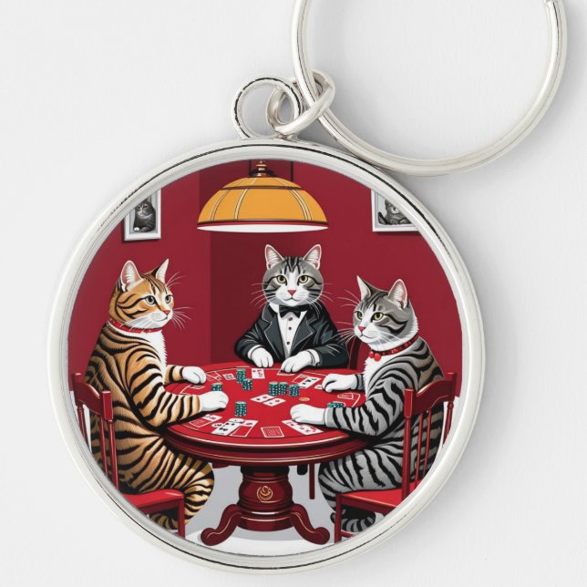 Tabby Cats Playing Poker Key Ring (Front)