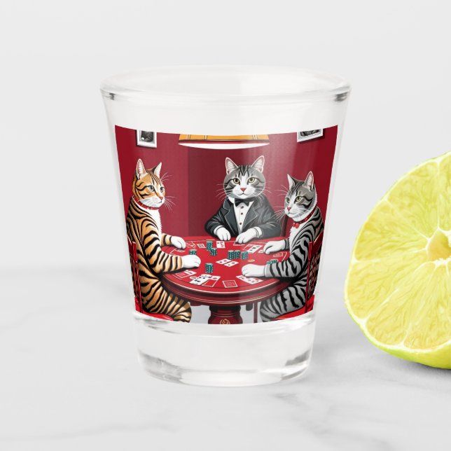 Tabby Cats Playing Poker Shot Glass (Front)