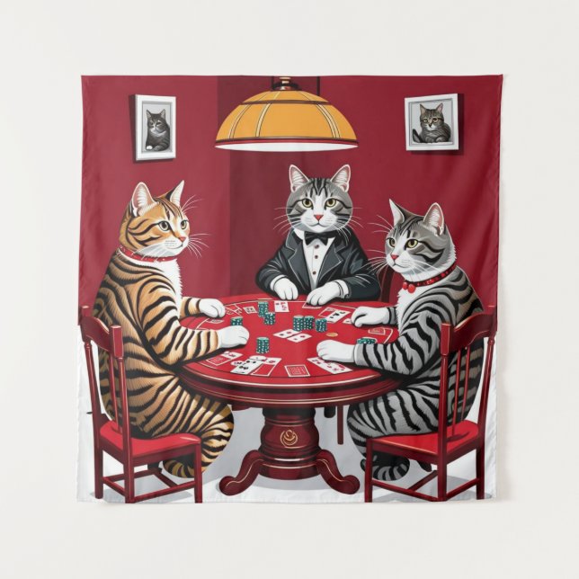 Tabby Cats Playing Poker Tapestry (Front)