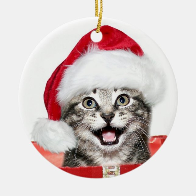 Tabby Christmas kitten Ceramic Tree Decoration (Front)