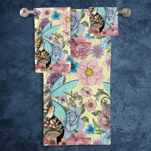 Tabby Fairy Cat Mushroom Floral Bath Towel Set (Creator Uploaded)