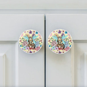 Tabby Fairy Cat Mushroom Floral Ceramic Knob