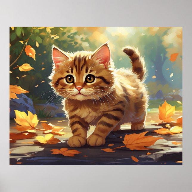 *~* Tabby Fall Leaves Kitten  5:4  Kitty Cat AP68  Poster (Front)