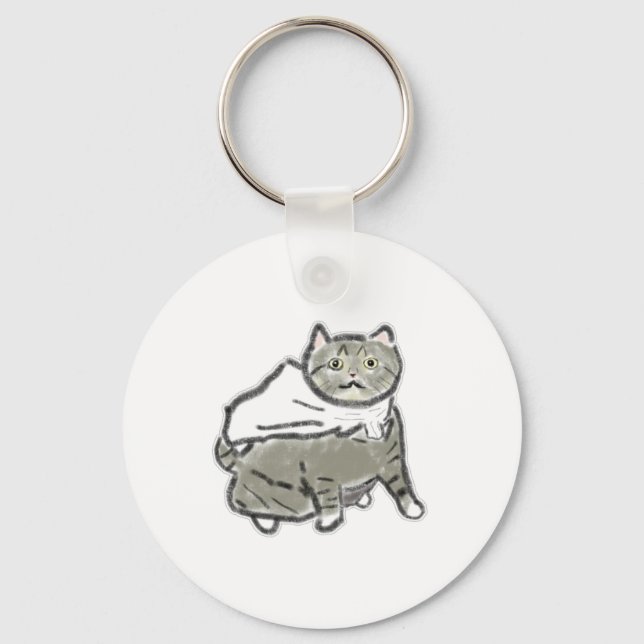 Tabby Grey Cat White Cape Pencil Drawing Key Ring (Front)