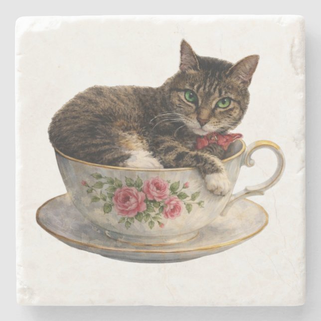 Tabby in a Teacup Stone Coaster (Front)